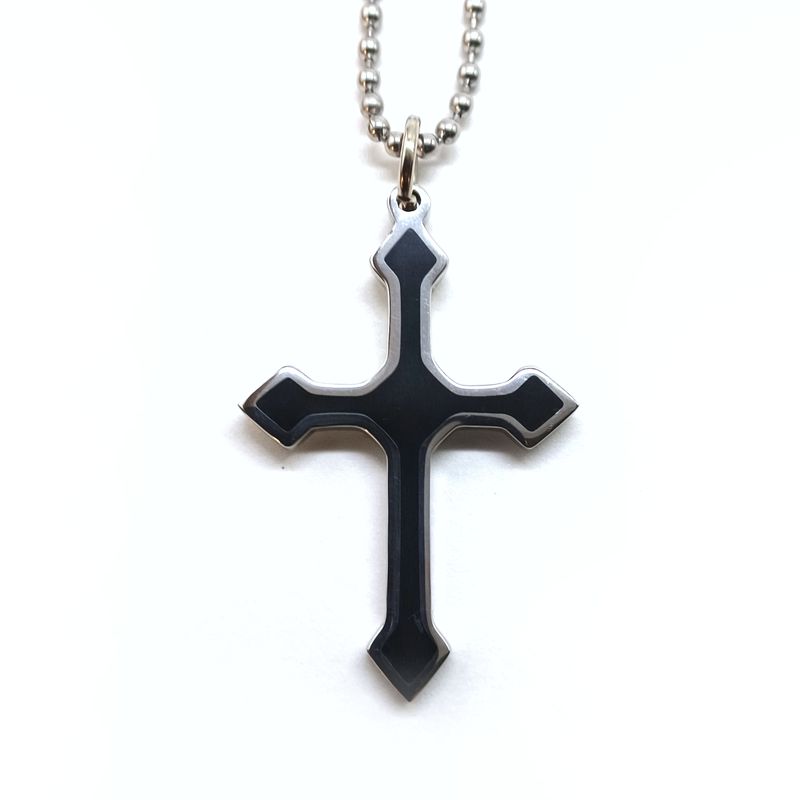 Steel Cross with Black Resin Inlay - Pendant with Chain - Click Image to Close